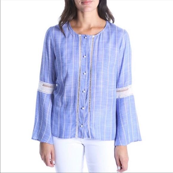 Kut From the Kloth Blue & White Boho Crochet Bell Sleeve Button Up Blouse Large - Picture 1 of 8